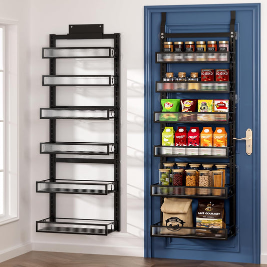 Over the Door Pantry Organizer 8 Tiers Hanging Door or Wall Mounted Spice Rack with Adjustable Acrylic Basket,Heavy Duty Metal Seasoning Storage Shelf for Kitchen Pantry and Bathroom