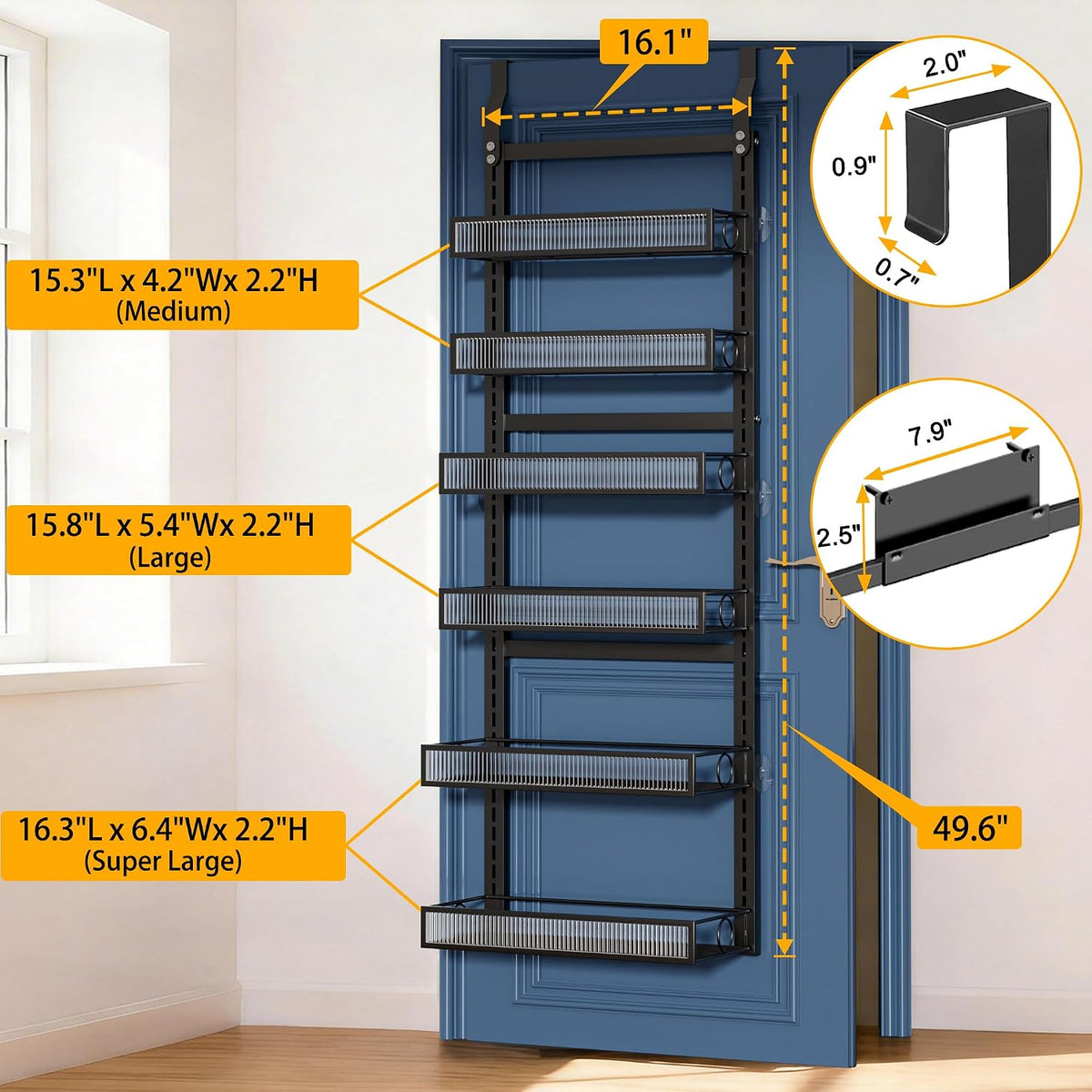 Over the Door Pantry Organizer 8 Tiers Hanging Door or Wall Mounted Spice Rack with Adjustable Acrylic Basket,Heavy Duty Metal Seasoning Storage Shelf for Kitchen Pantry and Bathroom