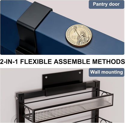 Over the Door Pantry Organizer 8 Tiers Hanging Door or Wall Mounted Spice Rack with Adjustable Acrylic Basket,Heavy Duty Metal Seasoning Storage Shelf for Kitchen Pantry and Bathroom