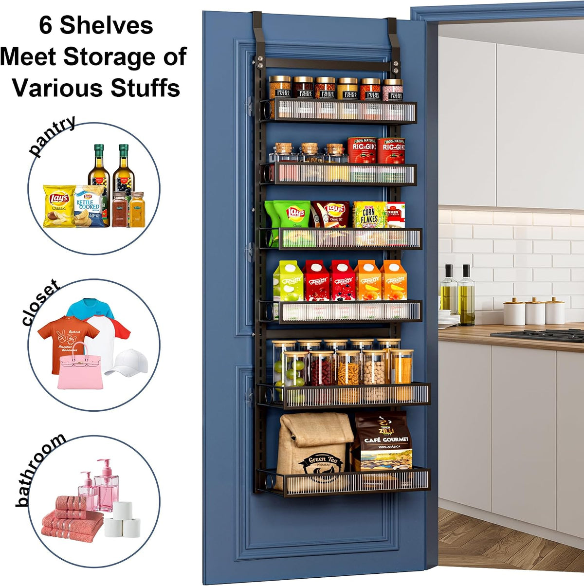 Over the Door Pantry Organizer 8 Tiers Hanging Door or Wall Mounted Spice Rack with Adjustable Acrylic Basket,Heavy Duty Metal Seasoning Storage Shelf for Kitchen Pantry and Bathroom