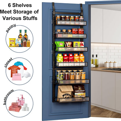 Over the Door Pantry Organizer 8 Tiers Hanging Door or Wall Mounted Spice Rack with Adjustable Acrylic Basket,Heavy Duty Metal Seasoning Storage Shelf for Kitchen Pantry and Bathroom