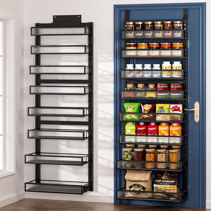 Over the Door Pantry Organizer 8 Tiers Hanging Door or Wall Mounted Spice Rack with Adjustable Acrylic Basket,Heavy Duty Metal Seasoning Storage Shelf for Kitchen Pantry and Bathroom