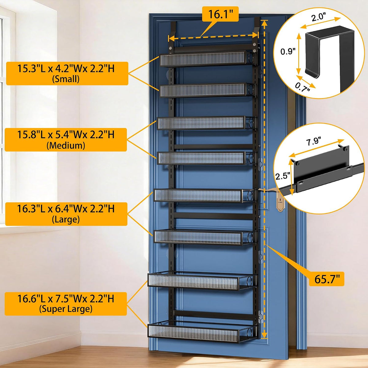 Over the Door Pantry Organizer 8 Tiers Hanging Door or Wall Mounted Spice Rack with Adjustable Acrylic Basket,Heavy Duty Metal Seasoning Storage Shelf for Kitchen Pantry and Bathroom