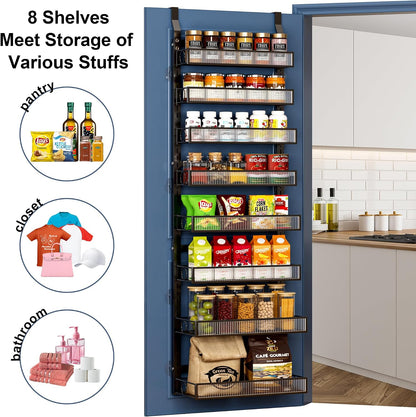 Over the Door Pantry Organizer 8 Tiers Hanging Door or Wall Mounted Spice Rack with Adjustable Acrylic Basket,Heavy Duty Metal Seasoning Storage Shelf for Kitchen Pantry and Bathroom