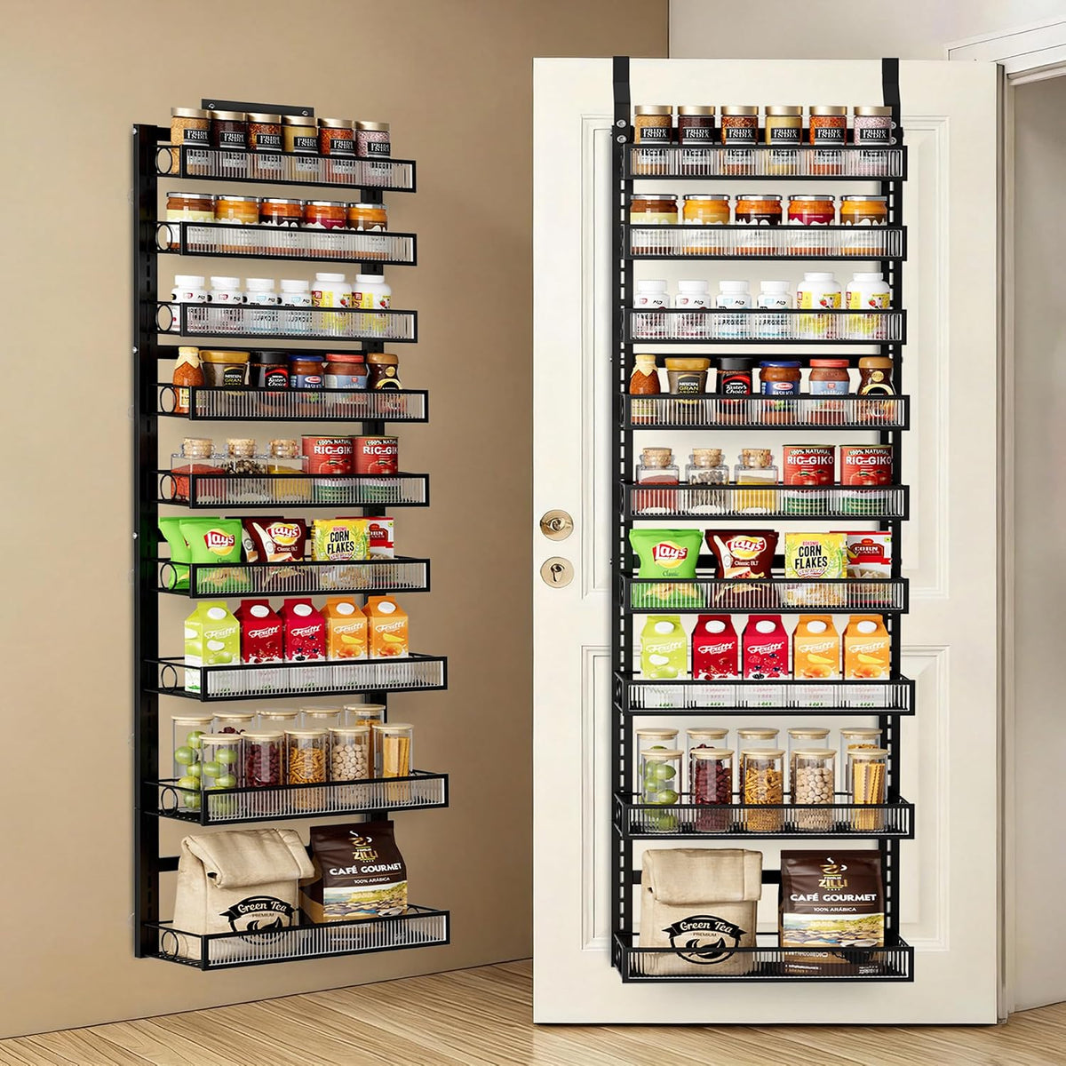 Over the Door Pantry Organizer 8 Tiers Hanging Door or Wall Mounted Spice Rack with Adjustable Acrylic Basket,Heavy Duty Metal Seasoning Storage Shelf for Kitchen Pantry and Bathroom