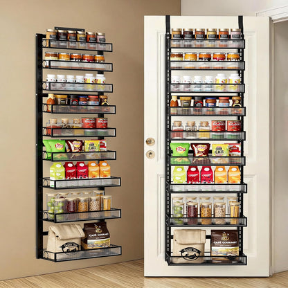 Over the Door Pantry Organizer 8 Tiers Hanging Door or Wall Mounted Spice Rack with Adjustable Acrylic Basket,Heavy Duty Metal Seasoning Storage Shelf for Kitchen Pantry and Bathroom