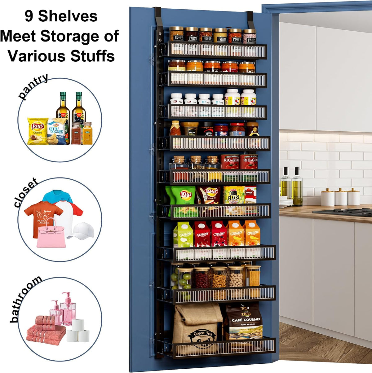 Over the Door Pantry Organizer 8 Tiers Hanging Door or Wall Mounted Spice Rack with Adjustable Acrylic Basket,Heavy Duty Metal Seasoning Storage Shelf for Kitchen Pantry and Bathroom