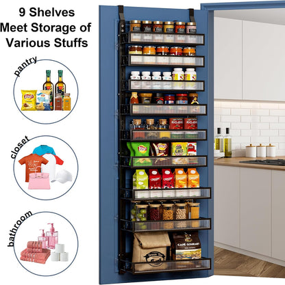 Over the Door Pantry Organizer 8 Tiers Hanging Door or Wall Mounted Spice Rack with Adjustable Acrylic Basket,Heavy Duty Metal Seasoning Storage Shelf for Kitchen Pantry and Bathroom