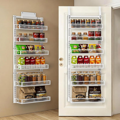 Over the Door Pantry Organizer 8 Tiers Hanging Door or Wall Mounted Spice Rack with Adjustable Acrylic Basket,Heavy Duty Metal Seasoning Storage Shelf for Kitchen Pantry and Bathroom
