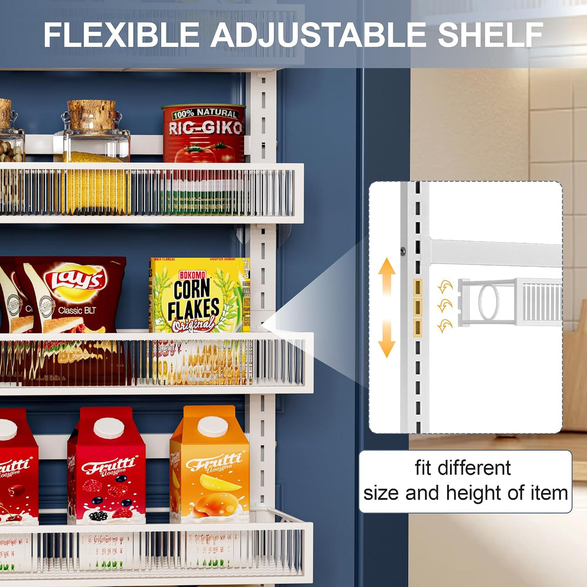 Over the Door Pantry Organizer 8 Tiers Hanging Door or Wall Mounted Spice Rack with Adjustable Acrylic Basket,Heavy Duty Metal Seasoning Storage Shelf for Kitchen Pantry and Bathroom