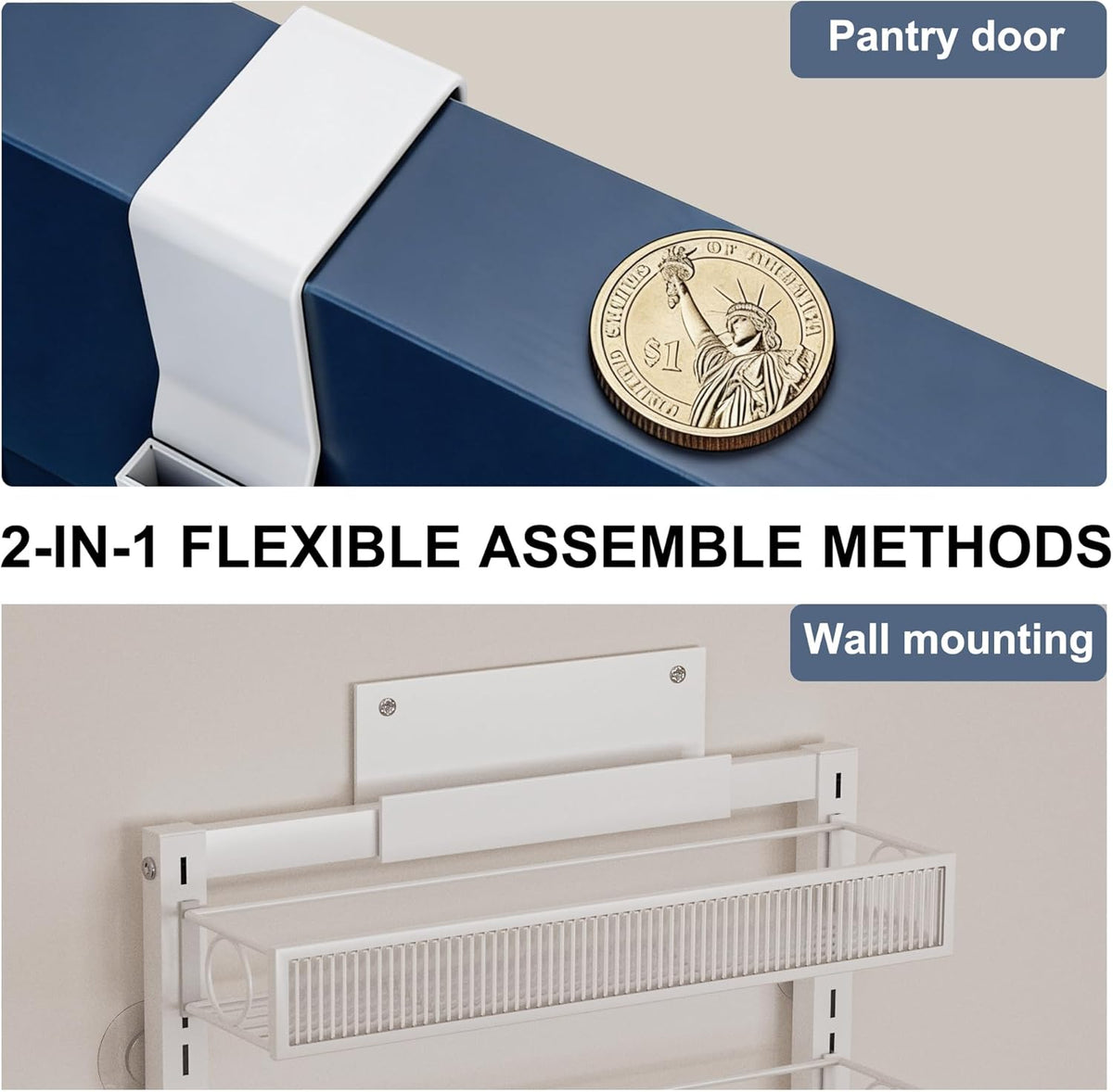 Over the Door Pantry Organizer 8 Tiers Hanging Door or Wall Mounted Spice Rack with Adjustable Acrylic Basket,Heavy Duty Metal Seasoning Storage Shelf for Kitchen Pantry and Bathroom