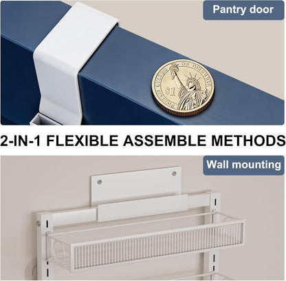 Over the Door Pantry Organizer 8 Tiers Hanging Door or Wall Mounted Spice Rack with Adjustable Acrylic Basket,Heavy Duty Metal Seasoning Storage Shelf for Kitchen Pantry and Bathroom
