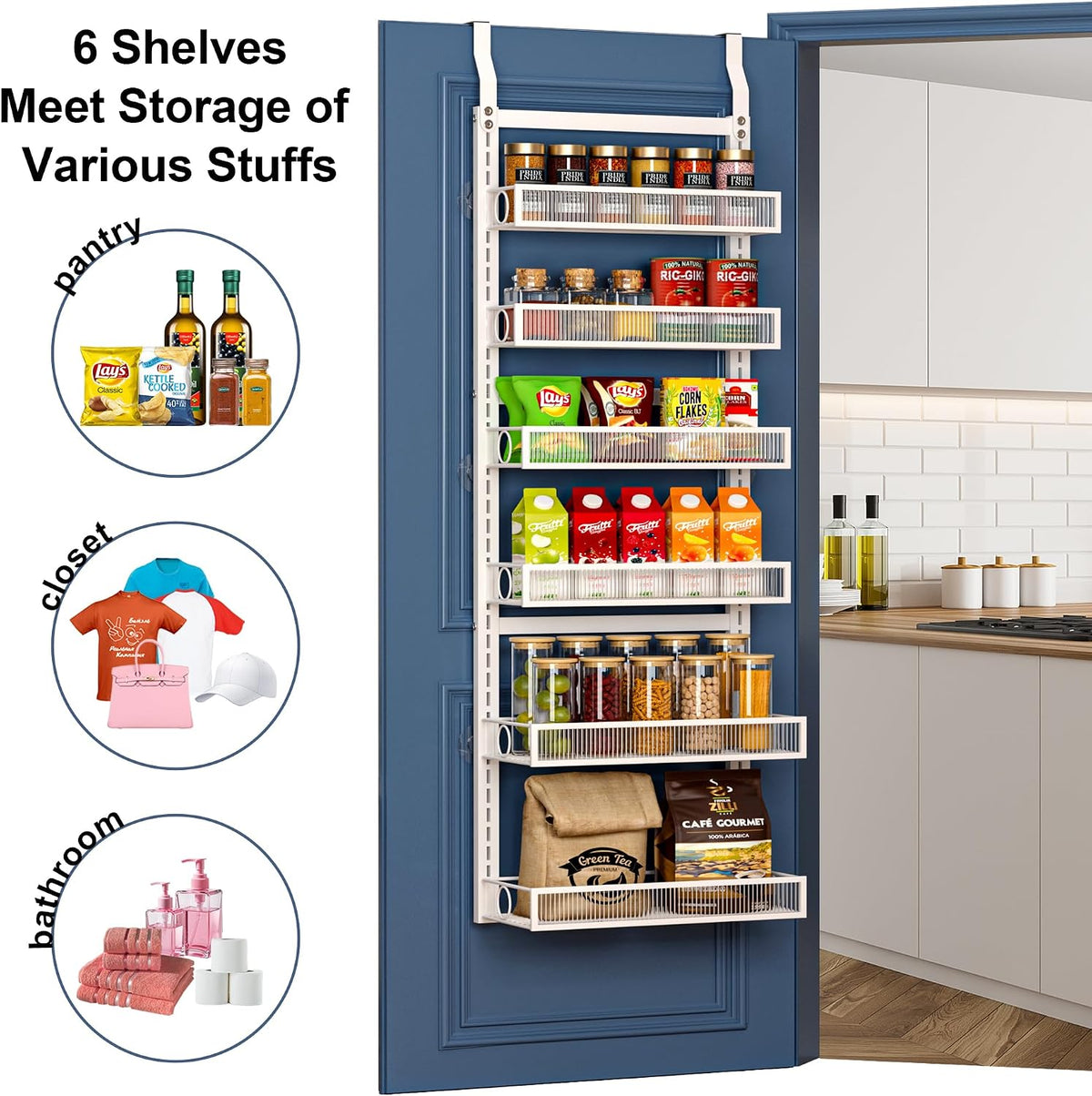 Over the Door Pantry Organizer 8 Tiers Hanging Door or Wall Mounted Spice Rack with Adjustable Acrylic Basket,Heavy Duty Metal Seasoning Storage Shelf for Kitchen Pantry and Bathroom