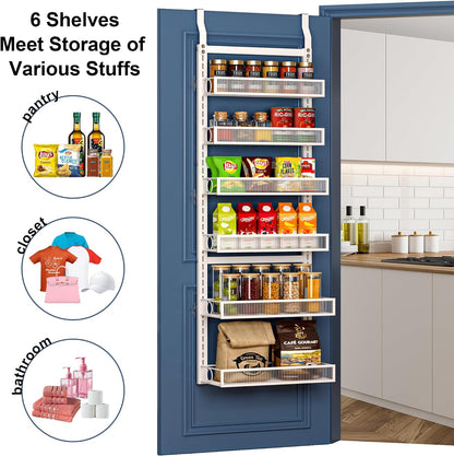 Over the Door Pantry Organizer 8 Tiers Hanging Door or Wall Mounted Spice Rack with Adjustable Acrylic Basket,Heavy Duty Metal Seasoning Storage Shelf for Kitchen Pantry and Bathroom
