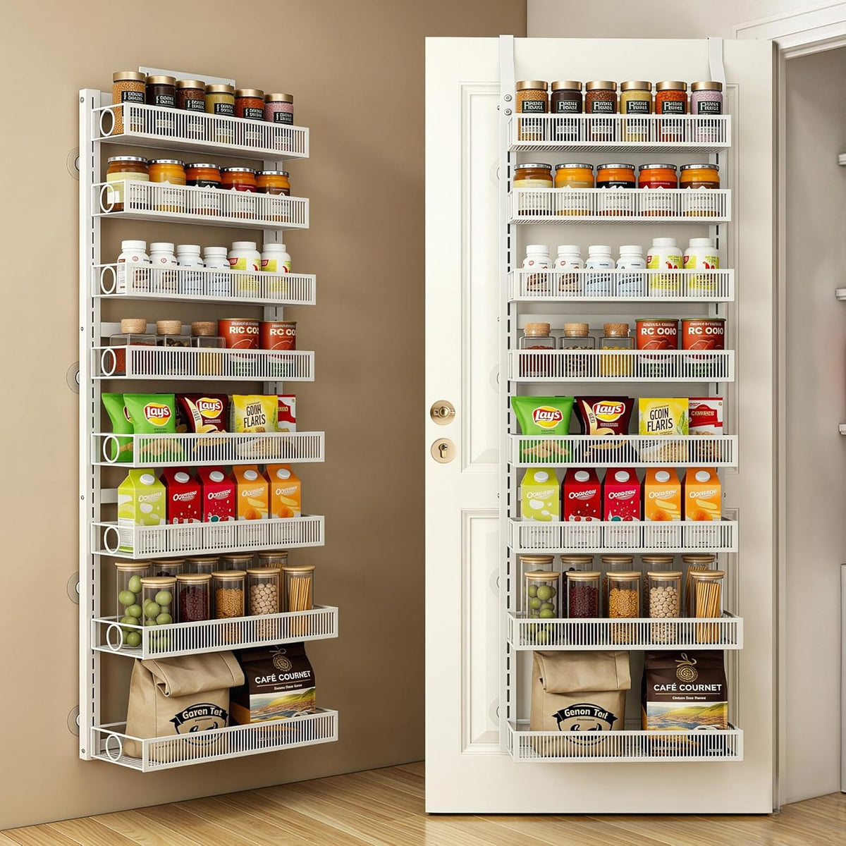 Over the Door Pantry Organizer 8 Tiers Hanging Door or Wall Mounted Spice Rack with Adjustable Acrylic Basket,Heavy Duty Metal Seasoning Storage Shelf for Kitchen Pantry and Bathroom