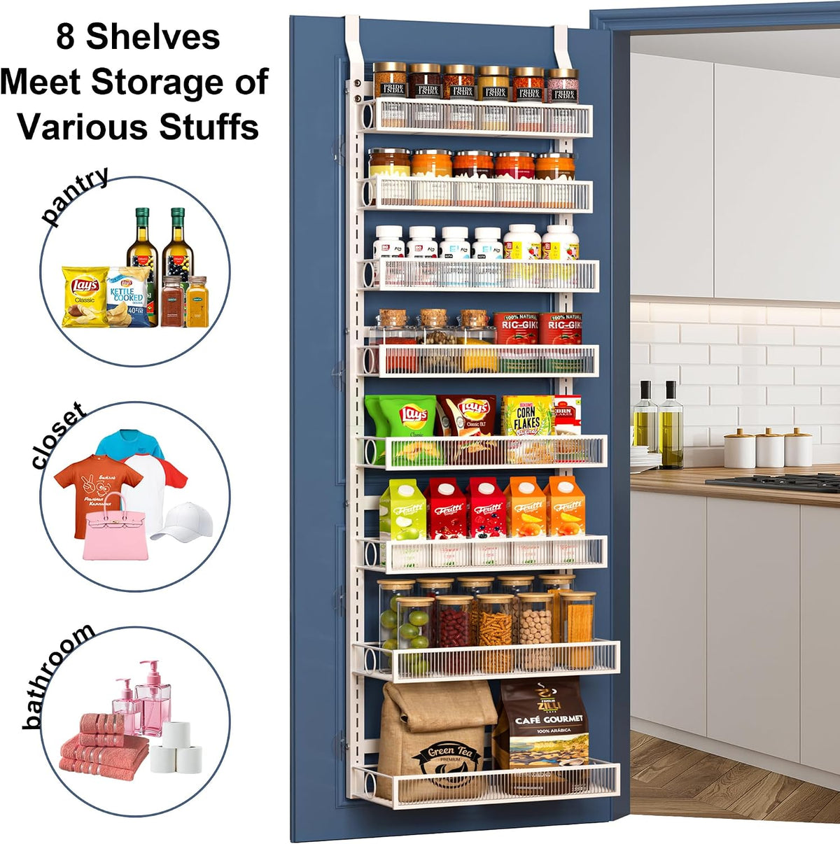 Over the Door Pantry Organizer 8 Tiers Hanging Door or Wall Mounted Spice Rack with Adjustable Acrylic Basket,Heavy Duty Metal Seasoning Storage Shelf for Kitchen Pantry and Bathroom