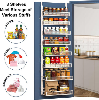 Over the Door Pantry Organizer 8 Tiers Hanging Door or Wall Mounted Spice Rack with Adjustable Acrylic Basket,Heavy Duty Metal Seasoning Storage Shelf for Kitchen Pantry and Bathroom