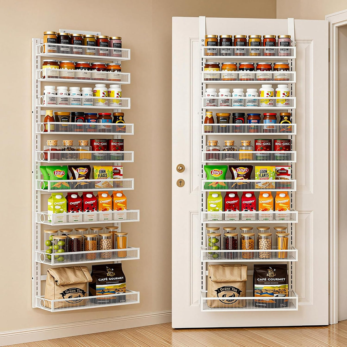 Over the Door Pantry Organizer 8 Tiers Hanging Door or Wall Mounted Spice Rack with Adjustable Acrylic Basket,Heavy Duty Metal Seasoning Storage Shelf for Kitchen Pantry and Bathroom