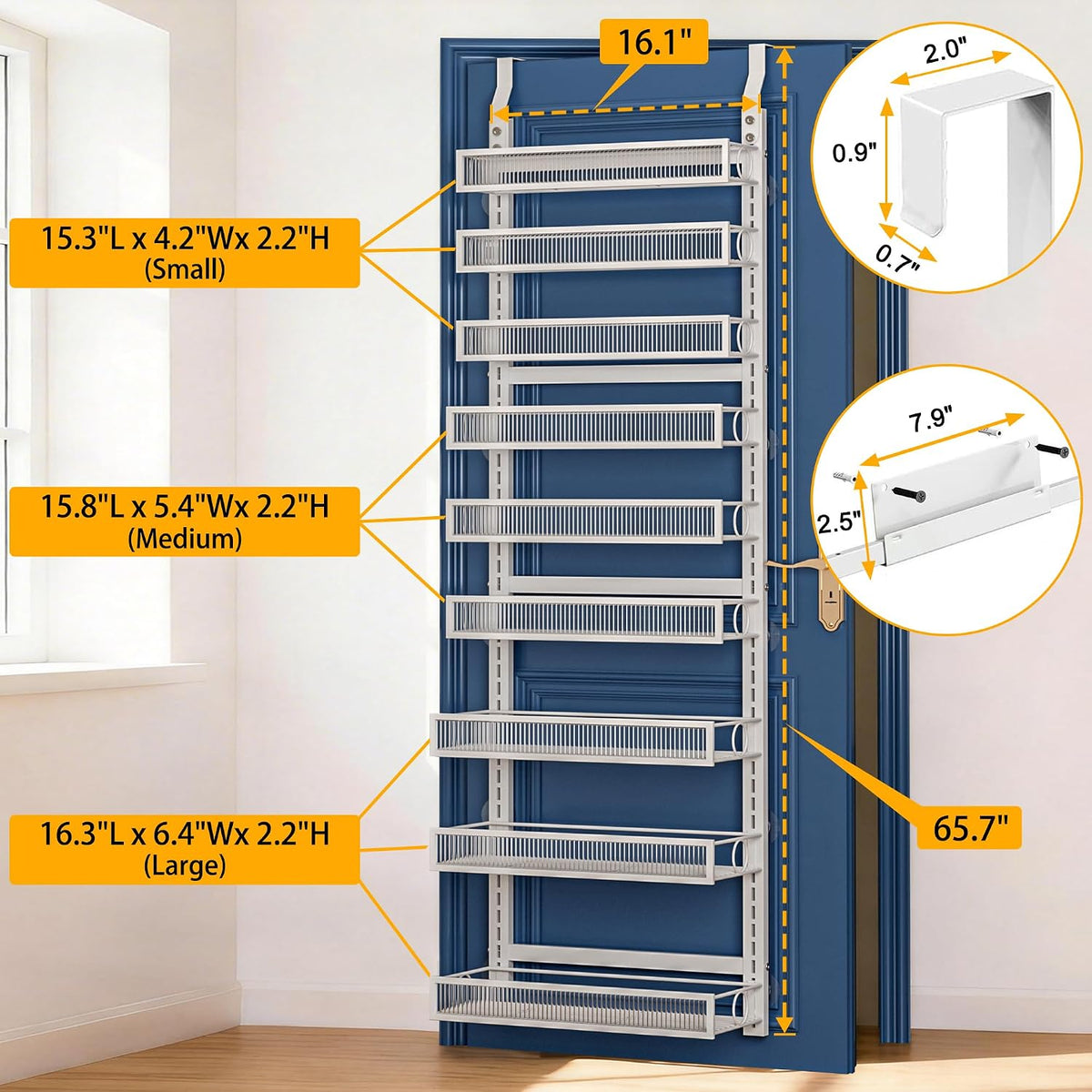 Over the Door Pantry Organizer 8 Tiers Hanging Door or Wall Mounted Spice Rack with Adjustable Acrylic Basket,Heavy Duty Metal Seasoning Storage Shelf for Kitchen Pantry and Bathroom