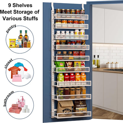 Over the Door Pantry Organizer 8 Tiers Hanging Door or Wall Mounted Spice Rack with Adjustable Acrylic Basket,Heavy Duty Metal Seasoning Storage Shelf for Kitchen Pantry and Bathroom