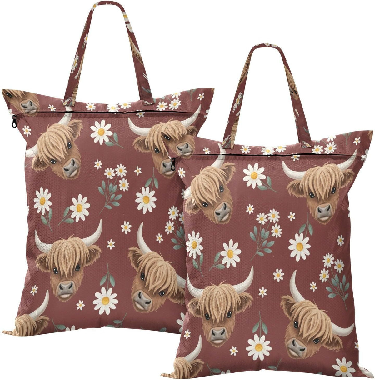 Highland Cow Flowers Waterproof Travel Laundry Bag Reusable Set of 2