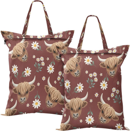 Highland Cow Flowers Waterproof Travel Laundry Bag Reusable Set of 2