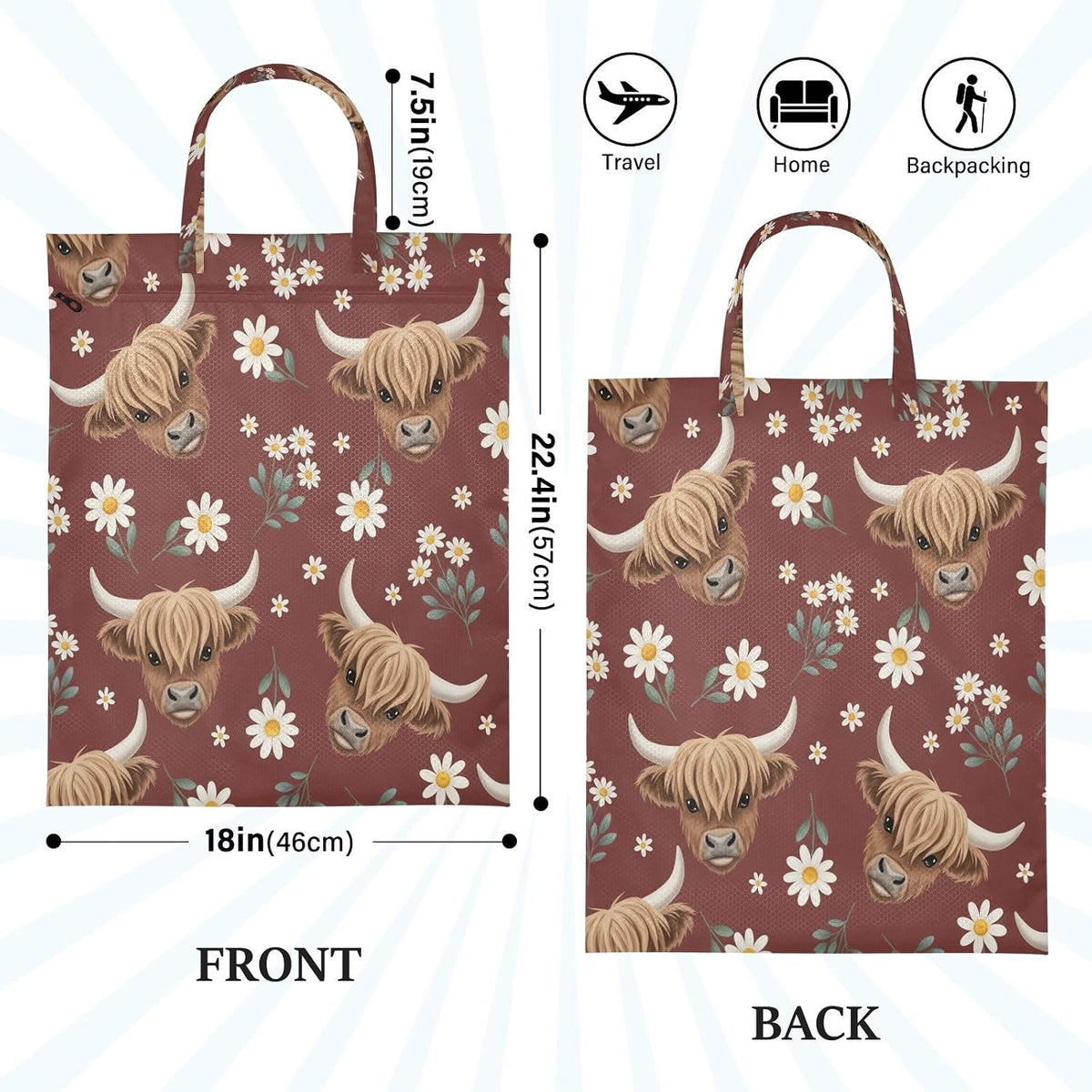 Highland Cow Flowers Waterproof Travel Laundry Bag Reusable Set of 2