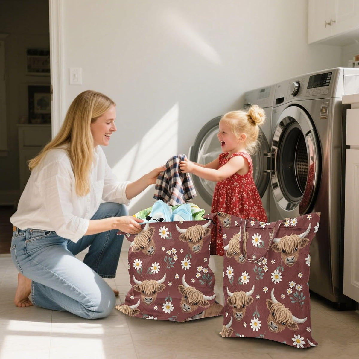 Highland Cow Flowers Waterproof Travel Laundry Bag Reusable Set of 2