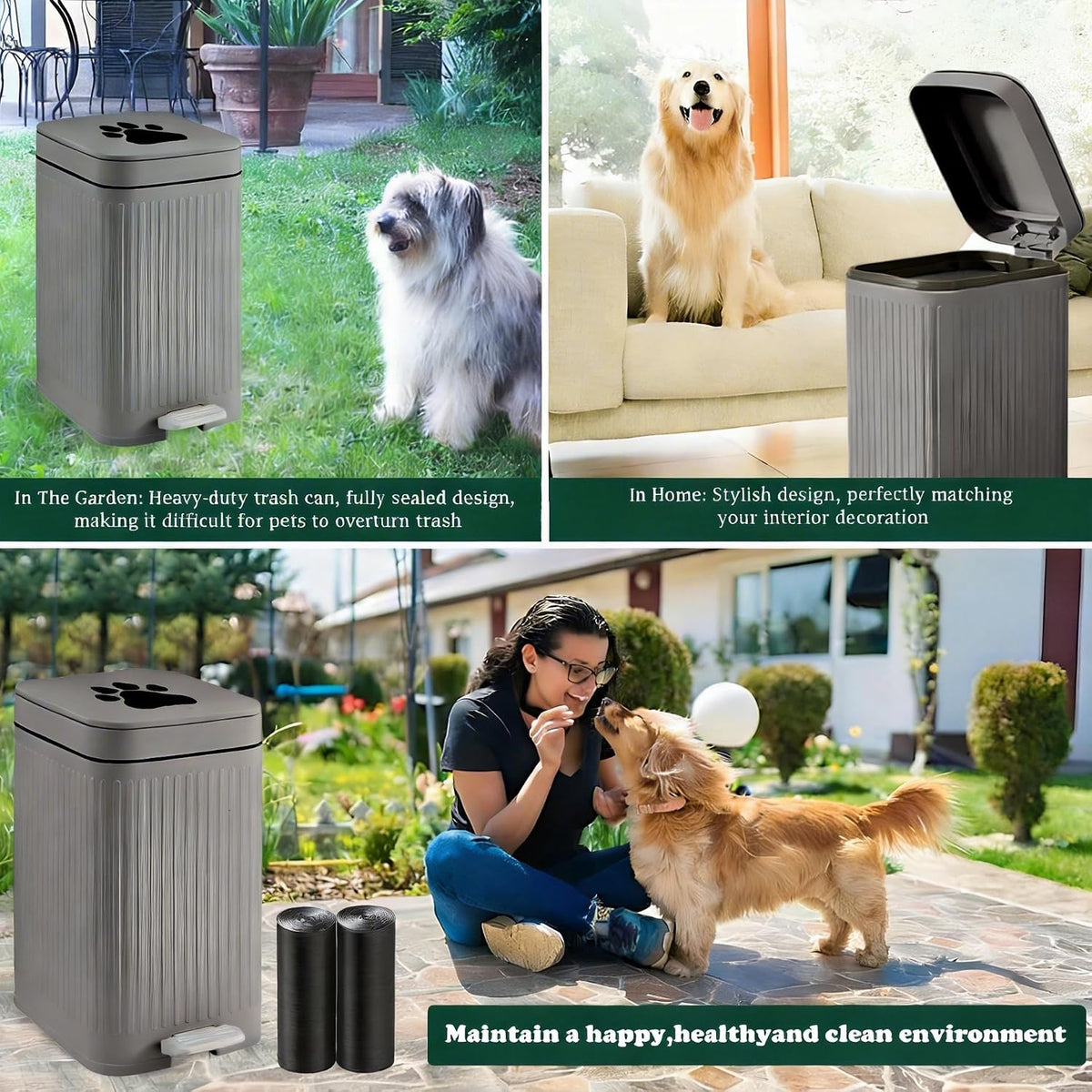 Dog Poop Trash Can Outside - 5L/1.3Gal Small Outdoor Trash Can with Lid