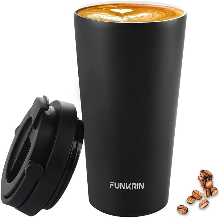 Insulated Coffee Mug with Ceramic Coating, 16oz Iced Coffee Tumbler Cup with Flip Lid and Handle, Double Wall Vacuum Leak-Proof Travel Mug for Office School Party Camping