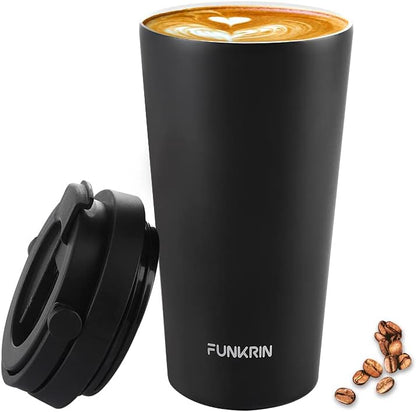 Insulated Coffee Mug with Ceramic Coating, 16oz Iced Coffee Tumbler Cup with Flip Lid and Handle, Double Wall Vacuum Leak-Proof Travel Mug for Office School Party Camping