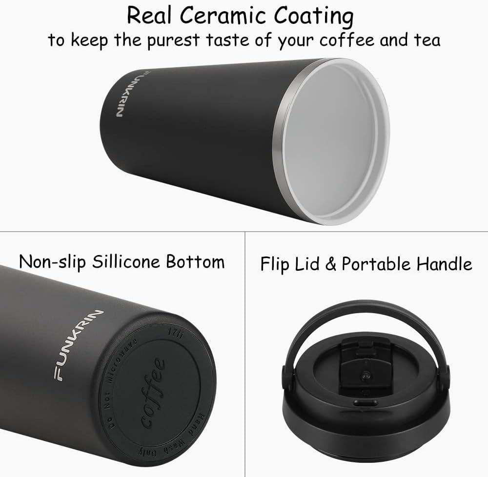 Insulated Coffee Mug with Ceramic Coating, 16oz Iced Coffee Tumbler Cup with Flip Lid and Handle, Double Wall Vacuum Leak-Proof Travel Mug for Office School Party Camping