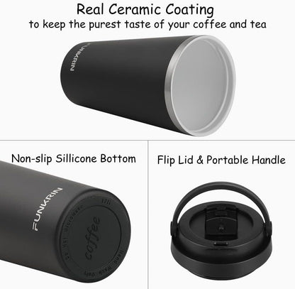 Insulated Coffee Mug with Ceramic Coating, 16oz Iced Coffee Tumbler Cup with Flip Lid and Handle, Double Wall Vacuum Leak-Proof Travel Mug for Office School Party Camping
