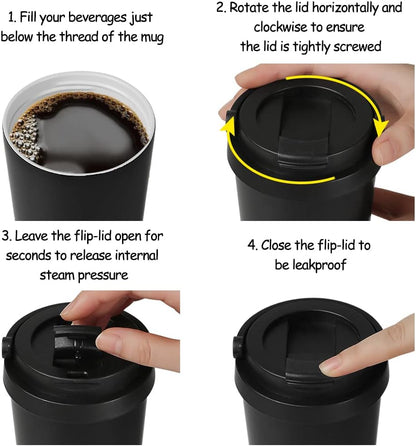 Insulated Coffee Mug with Ceramic Coating, 16oz Iced Coffee Tumbler Cup with Flip Lid and Handle, Double Wall Vacuum Leak-Proof Travel Mug for Office School Party Camping