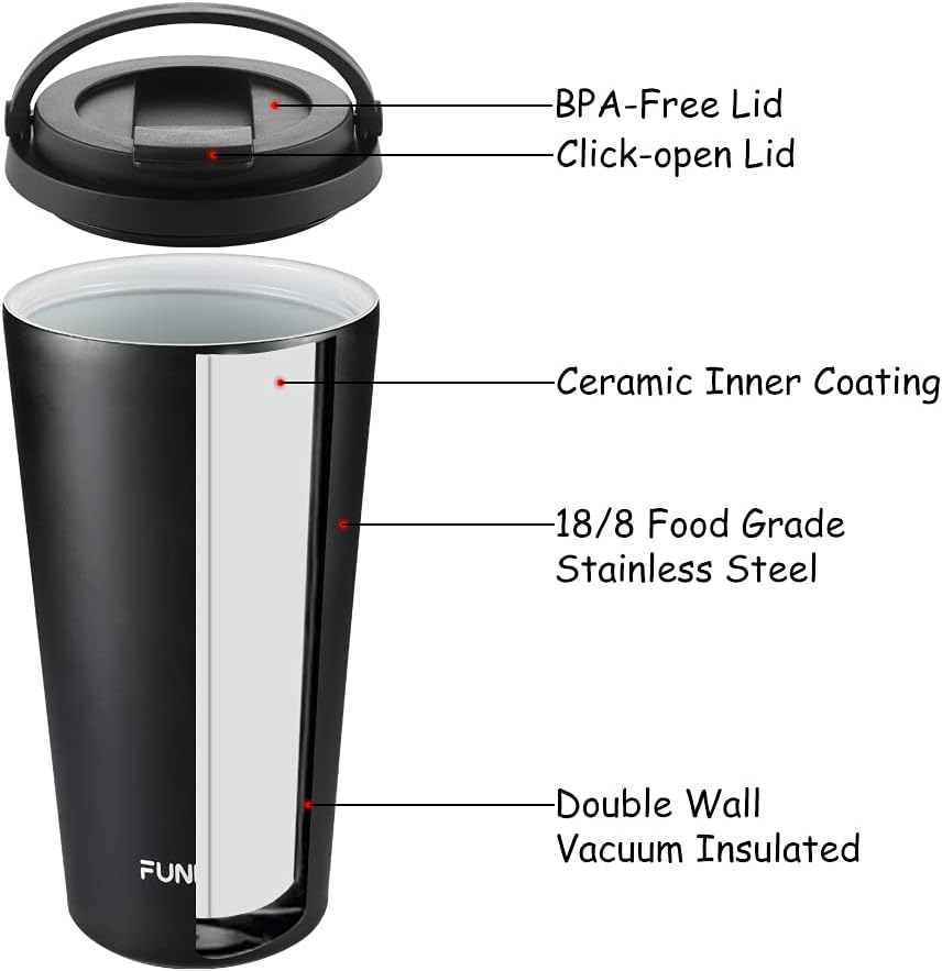 Insulated Coffee Mug with Ceramic Coating, 16oz Iced Coffee Tumbler Cup with Flip Lid and Handle, Double Wall Vacuum Leak-Proof Travel Mug for Office School Party Camping