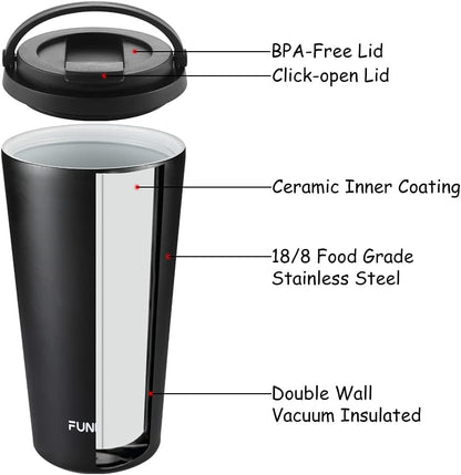 Insulated Coffee Mug with Ceramic Coating, 16oz Iced Coffee Tumbler Cup with Flip Lid and Handle, Double Wall Vacuum Leak-Proof Travel Mug for Office School Party Camping