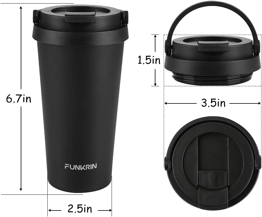 Insulated Coffee Mug with Ceramic Coating, 16oz Iced Coffee Tumbler Cup with Flip Lid and Handle, Double Wall Vacuum Leak-Proof Travel Mug for Office School Party Camping