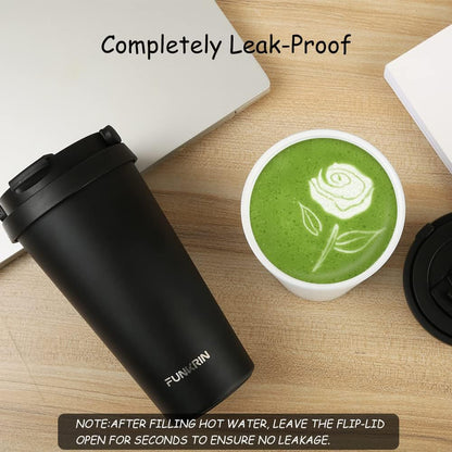 Insulated Coffee Mug with Ceramic Coating, 16oz Iced Coffee Tumbler Cup with Flip Lid and Handle, Double Wall Vacuum Leak-Proof Travel Mug for Office School Party Camping
