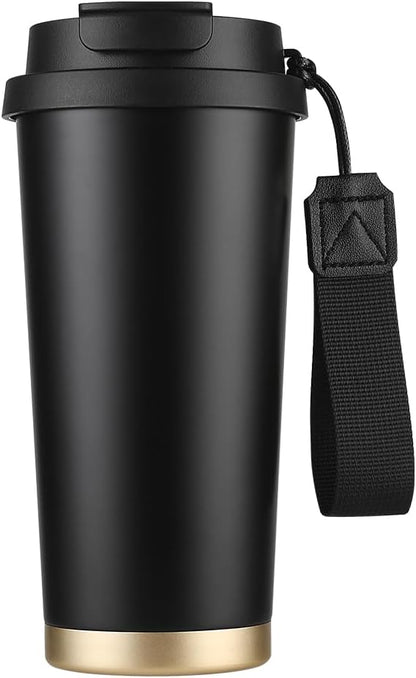 Insulated Coffee Mug with Ceramic Coating, 16oz Iced Coffee Tumbler Cup with Flip Lid and Handle, Double Wall Vacuum Leak-Proof Travel Mug for Office School Party Camping