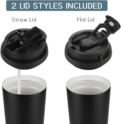 Insulated Coffee Mug with Ceramic Coating, 16oz Iced Coffee Tumbler Cup with Flip Lid and Handle, Double Wall Vacuum Leak-Proof Travel Mug for Office School Party Camping