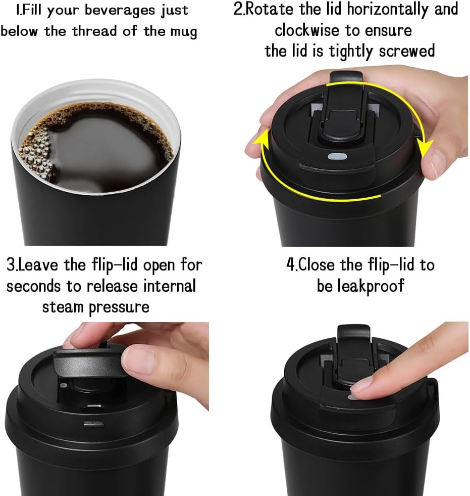 Insulated Coffee Mug with Ceramic Coating, 16oz Iced Coffee Tumbler Cup with Flip Lid and Handle, Double Wall Vacuum Leak-Proof Travel Mug for Office School Party Camping