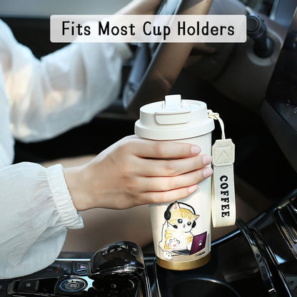 Insulated Coffee Mug with Ceramic Coating, 16oz Iced Coffee Tumbler Cup with Flip Lid and Handle, Double Wall Vacuum Leak-Proof Travel Mug for Office School Party Camping