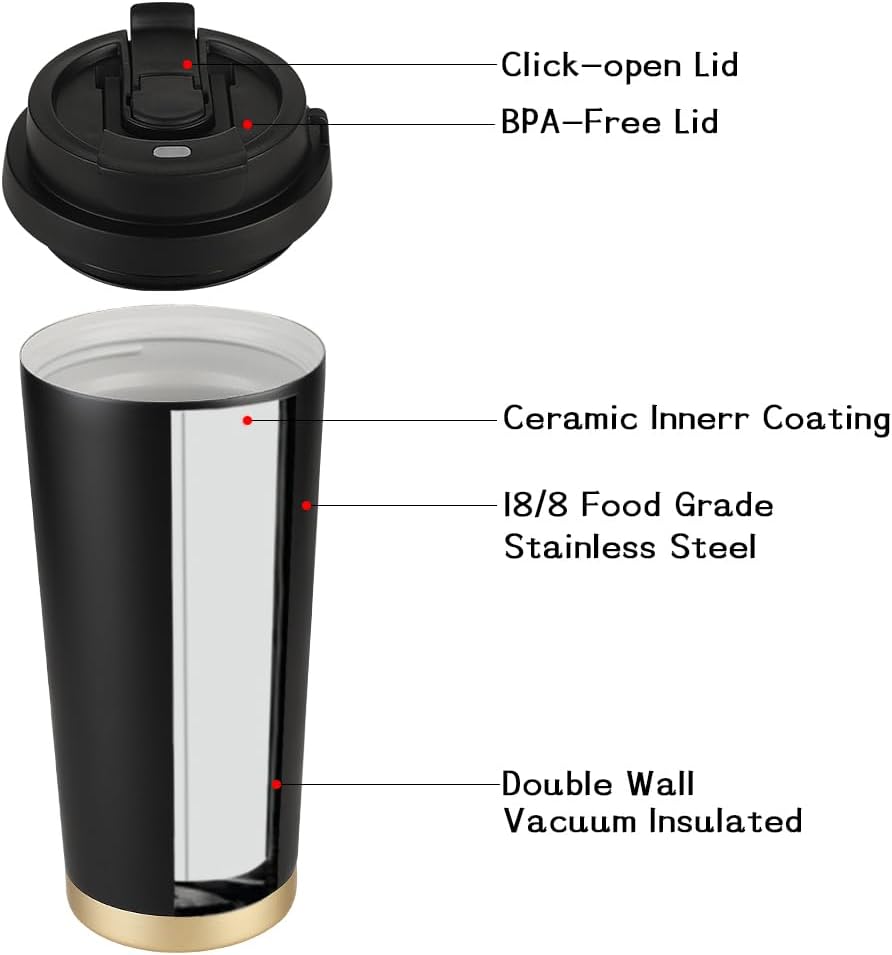 Insulated Coffee Mug with Ceramic Coating, 16oz Iced Coffee Tumbler Cup with Flip Lid and Handle, Double Wall Vacuum Leak-Proof Travel Mug for Office School Party Camping