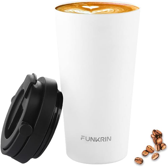 Insulated Coffee Mug with Ceramic Coating, 16oz Iced Coffee Tumbler Cup with Flip Lid and Handle, Double Wall Vacuum Leak-Proof Travel Mug for Office School Party Camping