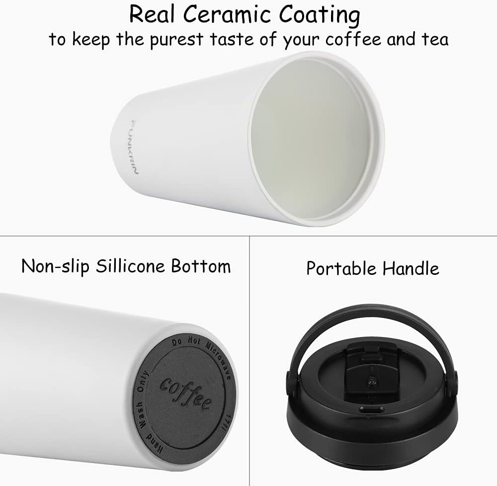 Insulated Coffee Mug with Ceramic Coating, 16oz Iced Coffee Tumbler Cup with Flip Lid and Handle, Double Wall Vacuum Leak-Proof Travel Mug for Office School Party Camping
