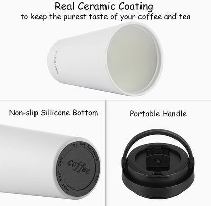 Insulated Coffee Mug with Ceramic Coating, 16oz Iced Coffee Tumbler Cup with Flip Lid and Handle, Double Wall Vacuum Leak-Proof Travel Mug for Office School Party Camping