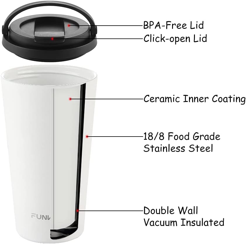 Insulated Coffee Mug with Ceramic Coating, 16oz Iced Coffee Tumbler Cup with Flip Lid and Handle, Double Wall Vacuum Leak-Proof Travel Mug for Office School Party Camping