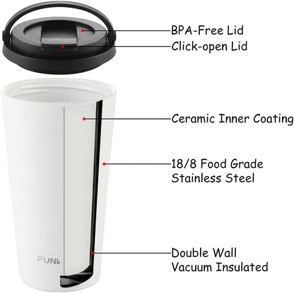 Insulated Coffee Mug with Ceramic Coating, 16oz Iced Coffee Tumbler Cup with Flip Lid and Handle, Double Wall Vacuum Leak-Proof Travel Mug for Office School Party Camping