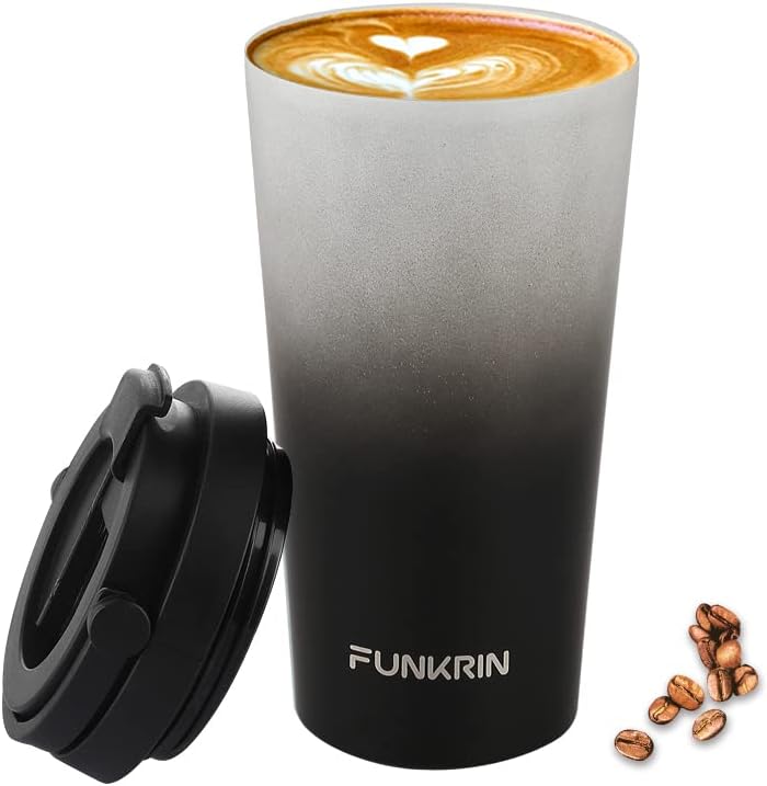 Insulated Coffee Mug with Ceramic Coating, 16oz Iced Coffee Tumbler Cup with Flip Lid and Handle, Double Wall Vacuum Leak-Proof Travel Mug for Office School Party Camping