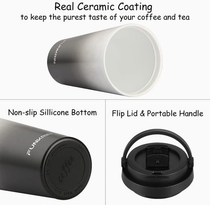 Insulated Coffee Mug with Ceramic Coating, 16oz Iced Coffee Tumbler Cup with Flip Lid and Handle, Double Wall Vacuum Leak-Proof Travel Mug for Office School Party Camping